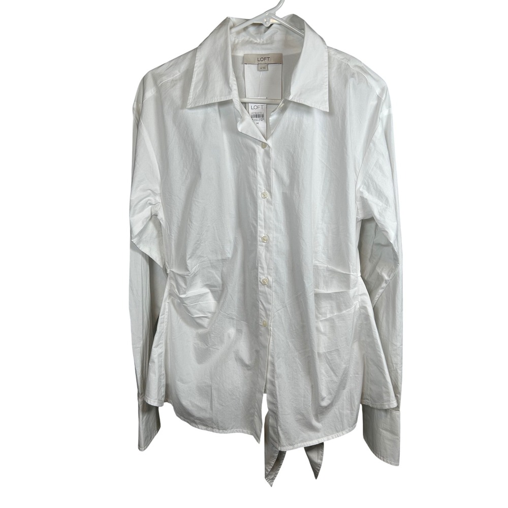 NEW $75 LOFT Button Down Shirt Women's Medium White Open Tie Back Long Sleeve
